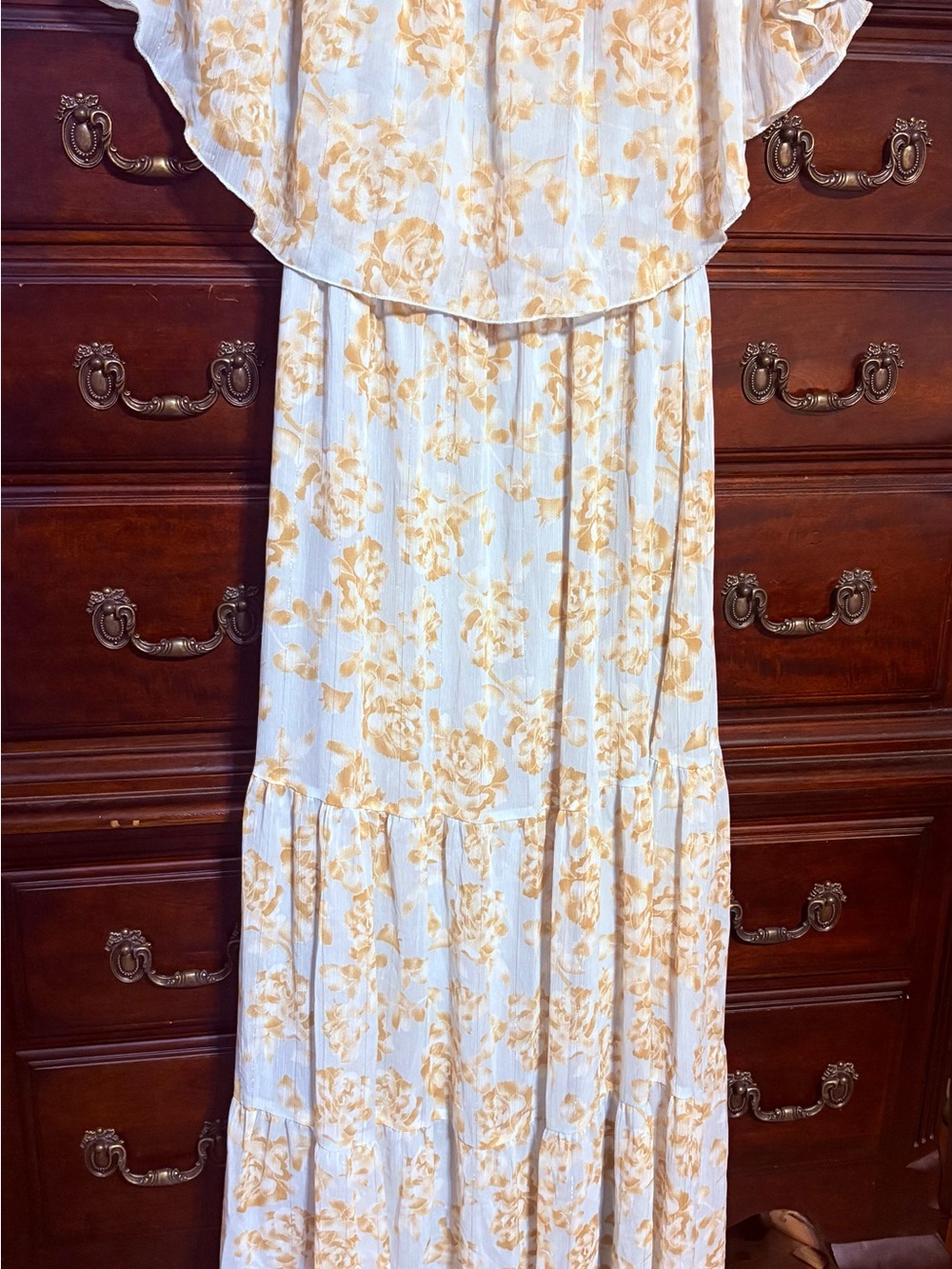Off the shoulder Aakaa White and Yellow Floral Maxi Dress